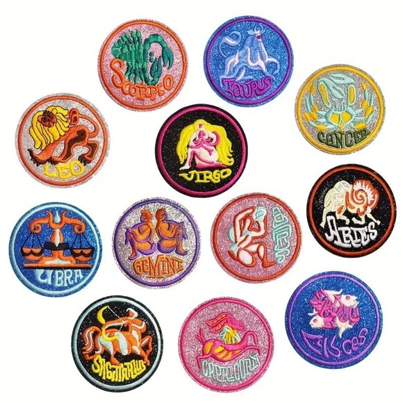 Glitter Embroidered Round Capricorn Zodiac Iron On Patch Pink Teal Blue Yellow - Picture 4 of 5